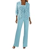 Women's Trouser Suits Sky-Blue Lace Womens Suits Formal 3 Piece Ladies Trouser Suits for Special Occasions with Jacket Size 10
