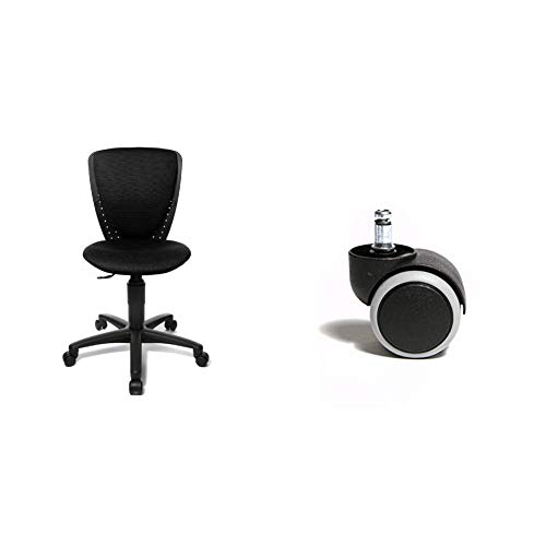 Topstar 70570BB00 High S'cool, Kinder- und Jugenddrehstuhl, Bezugsstoff schwarz & 6991 Rollenset, Hartbodenrollen für Bürostuhl, Rollenset = 5 Rollen für Schreibtischstuhl, schwarz