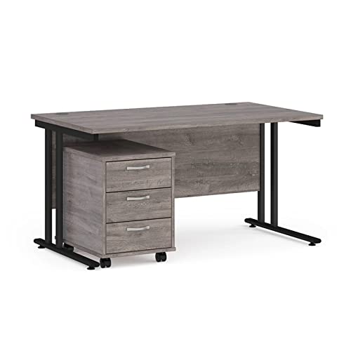 Maestro 25 Desk Bundle - 800 mm Deep Straight Desk & 3 Drawer Mobile Pedestal with Black Cantilever Leg, Grey Oak, 140 cm