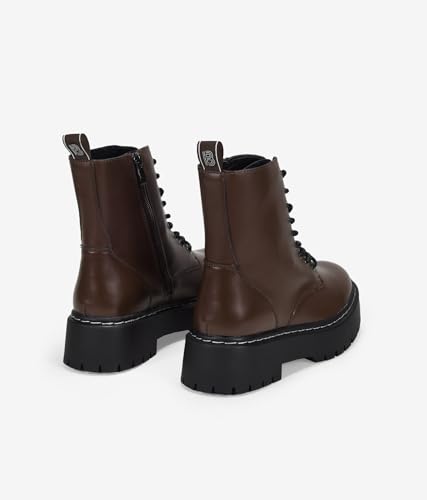BOSANOVA Punk Militärstiefel aus veganem Leder mit gezackter Plattform und Schnürung bis zum oberen Ende, Reißverschluss, Damen-Schuhe, braun, 41 EU
