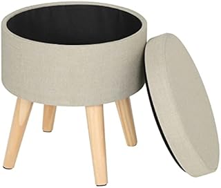 WOLTU Storage Ottoman Chair Stool Cream Upholstered Footstool Linen Round Pouffe Chair Multifunction with Removable Cover
