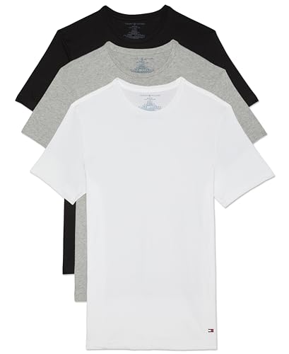 Tommy Hilfiger Camiseta masculina clássica de algodão com gola redonda, Preto, cinza mesclado, branco, M