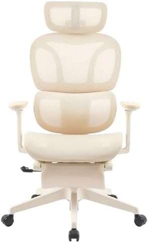 （19:00時点） FLEXISPOT オフィスチェア デスクチェア C7 人間工学 エルゴノミクスチェア メッシュチェア 独立型ランバーサポート リクライニング可能 シンクロロッキング 座面奥行調整可能 2Dヘッドレスト 4Dアームレスト フットレスト付き (メッシュ・オットマン付き（Lite）, バニラホワイト)