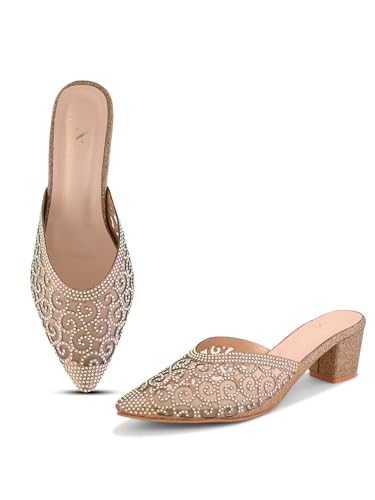 Image of XE Looks Women's Rhinestone Embellished Pointed Toe Mule Heels | Soft Cushioned Insole | Comfortable Stylish Slip-On Block Heel Sandals for Girls & Women