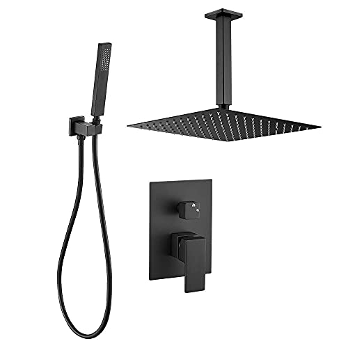 VALAZ Ducha Empotrada Negro Mate | Ducha Monomando 2 Vías, Rociador Efecto Lluvia | Instalación en Techo Fácil y Rápida | Acero Aleado, Inoxidable, Elegante, Cuadrada, Rociador 25 cm, Serie Tajo