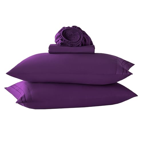 La Mejor Lista de Juegos de sábanas y fundas de almohada los mejores 5. 46 Yibeizi Juego de sábanas de Microfibra de 3 Piezas, Color Morado Oscuro, Juego de sábanas y Fundas de Almohada, de enfriamiento Suave para colchón de Aire
