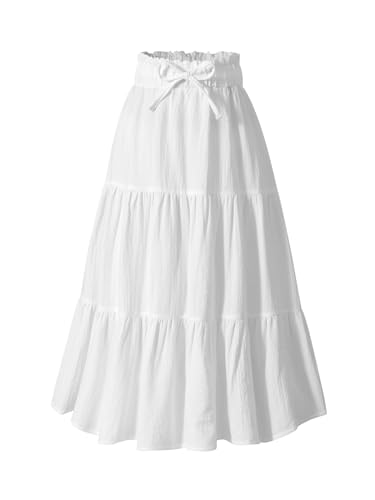 Seechoslo NEW 6-14Y Girls Tiered Maxi Skirt Boho Flowy A-Line High Waisted Casual Long Skirts for Beach Vacation (US, Age, 11 Years, 12 Years, White)