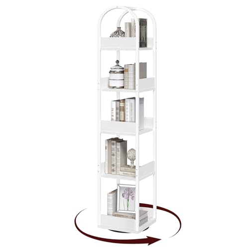 MAHANCRIS Librería Giratoria de 5 Niveles con Barandillas, Librería de Rincón, Armario para Libros, Mueble de Pie, Estantería Expositora, para Salón, Estudio, Oficina, Blanco ABKBW3501
