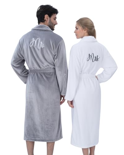 Jecery Bademäntel für Sie und Ihn, für Paare, Herr und Frau, Flanell, bestickt, passende Bademäntel, Hochzeit, Verlobung, Geschenke, 2 Stück, Weiß, Grau, Einheitsgröße