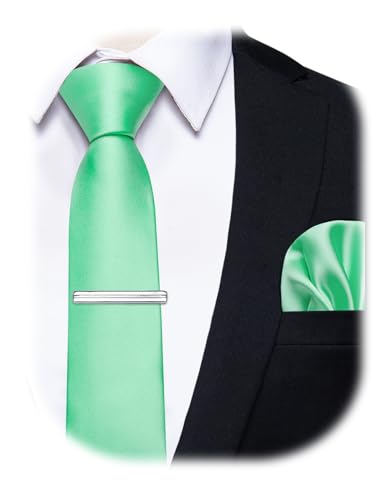 Image of YourTies Skinny Ties for Men Satin 2.4 inch Slim Necktie with Pocket Square Tie Clip Set Solid Color Wedding Party Business