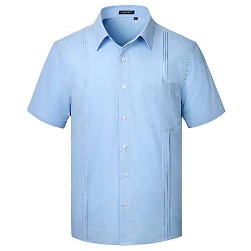 HISDERN Camisa Azul Manga Corta para Hombre Verano Camisas Casual Color Solido Moda Playa Viajar Camisa con Bolsillo Ajuste Regular M