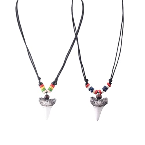 PYNASA 2 Pcs Set Shark Tooth Charm Necklace for Men Women BOHO Shark Teeth Pendant Necklace For Beach Surfer Adjustable Leather Cord Resin Beaded Shark Tooth Jewelry Necklace (Rainbow Color)