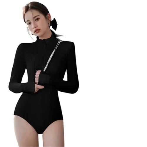 HEUchuan Traje de baño Cuello Alto for Mujer, Manga Larga, con protección Solar Profesional, una Pieza, Secado rápido, for Buceo para Surfear en el océano(Black,XL)