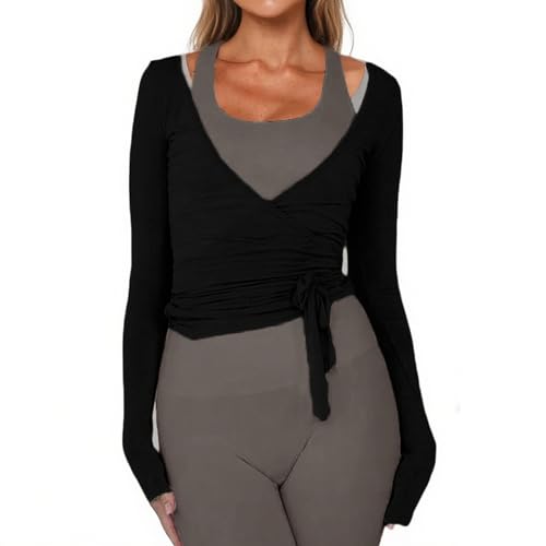Women Ballet Wrap Top Long Sleeve Self Tie Dance Shirt Pilates Yoga Tops Y2k Workout Active Blouses...