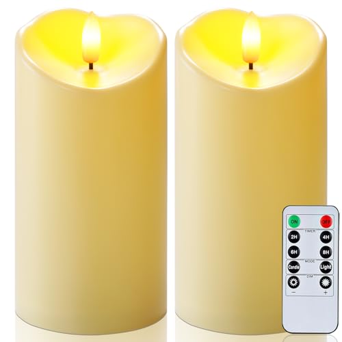 Image of Raycare 6 inchx3 inch Outdoor Waterproof Flameless Candles with Remote and Timer, Battery Operated LED Electric Fake Pillar Candle for Christmas Home Wedding Decor, Dark Ivory, Set of 2