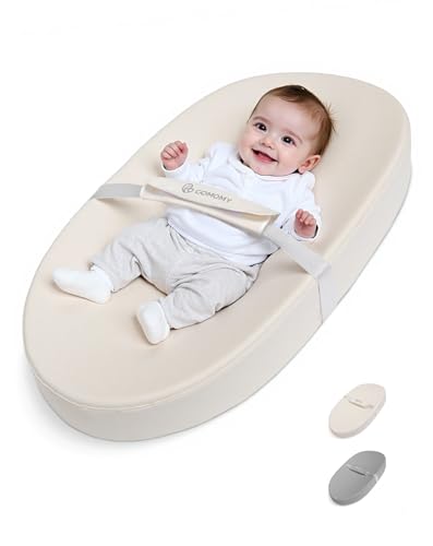 COMOMY Vegan Leather Nappy Baby Changing Mat with Waterproof and Wipeable PU Cover, Anti-Roll and Anti-Slip Diaper Chang Mat with Safety Straps, Portable Changing Pad, for Dresser and Table (Beige)
