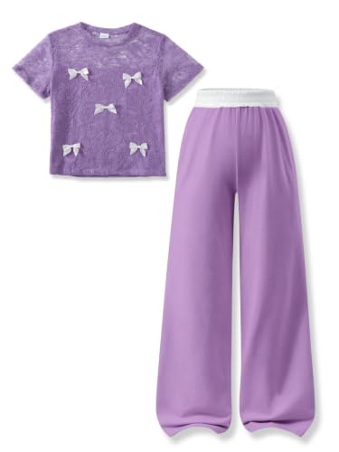 Image of Girls Clothes 2 Piece Short Sleeve Lace Bow Print Tops Flared Pants Set Little Girl Outfits Size 7-14