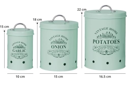 Image of Galvanized Metal Vegetable Storage Container Set of 3 for Potato, Onion & Garlic | Ventilated Kitchen Pantry Organizer with Lids | Rust-Resistant Food Storage Bins | Green