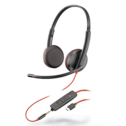 Plantronics – Blackwire 3225, kabelgebundenes USB-C-Headset – Zwei-Ohr Headset (Stereo) mit Mikrofonarm – Verbindung mit PC/Mac über USB-C-Anschluss o. Smartphone/Tablet via 3,5-mm Klinke – Teams etc.