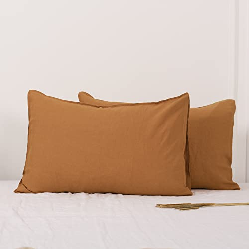 Simple&Opulence 100% Linen Pillowcases Basic Style Solid Color Set of 2, Queen Size Stone Washed Flax Pillow Cover Envelope Closure (20''x30'', Rust)