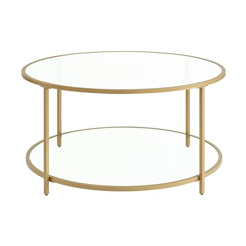 VASAGLE Beistelltisch rund, Couchtisch, Nachttisch aus Hartglas mit Stahlrahmen, mit offenem Ablagefach, modern, für Wohnzimmer, Schlafzimmer, goldfarben LGT035A61