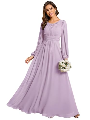 Image of Ever-Pretty Women's Crewneck Long Lantern Sleeves Floor Length A-Line Pleated Chiffon Formal Dress 0106B