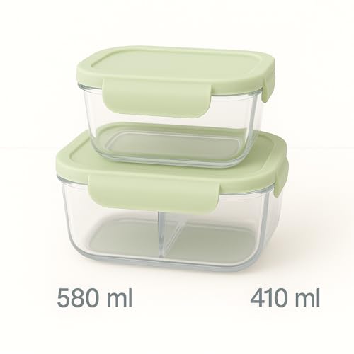 Image of Borosilicate Lunch Box Set of Airtight & Leak-Proof Tiffin Box for Office, School, Men & Women (Light Blue Colour) (Light Green, 580 ml 320 ml)