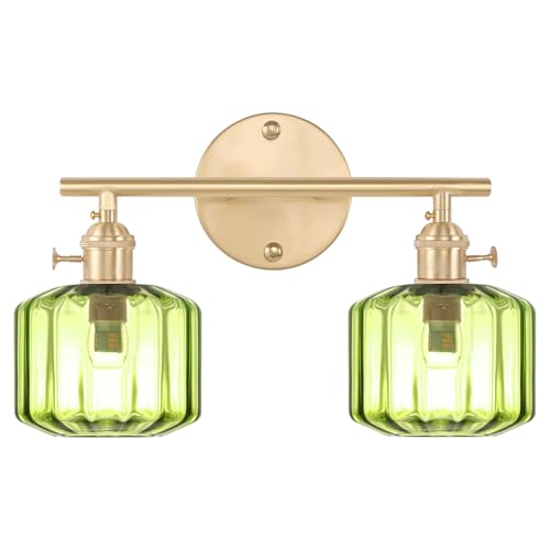 Image of Bathroom Vanity Lighting Mid Century Wall Sconce 2-Light Farmhouse Gold Brass Brushed Bathroom Wall Light Fixtures with Green Striped Hand Blown Glass Shade for Bedroom Living Room