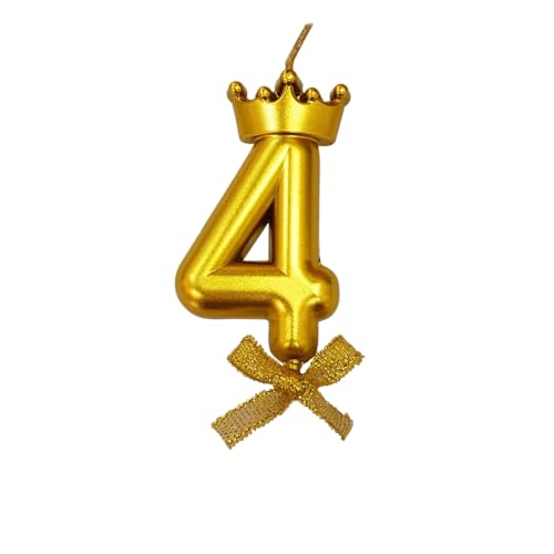 Image of 1 Pc 4 Number Candle for Birthday Cake Metallic Gold Number 4th Birthday Cake Decoration Four Candle with Crown on Top Cake Topper 0-9 Number Candles for Anniversary (Pack of 1, Gold)
