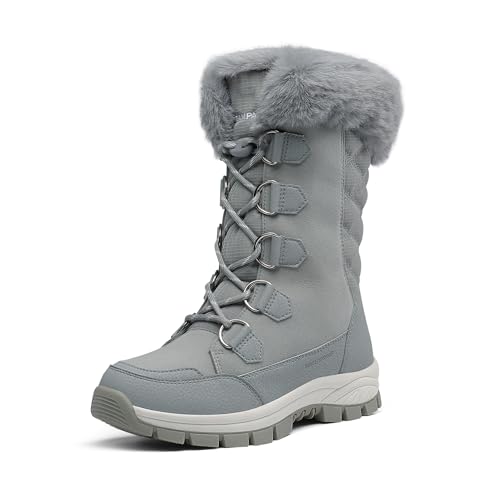 DREAM PAIRS Women's Waterproof Winter Snow Boots, Warm Comfortable Faux Fur Insulated Non-Slip Outdoor Lace-Up Florin Mid Calf Booties 5.5 Light/Grey