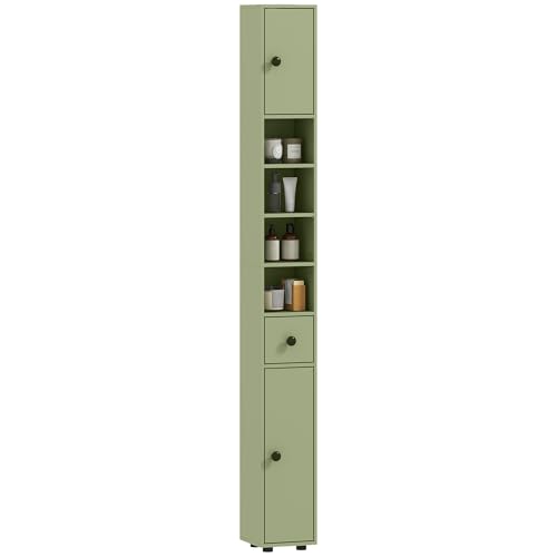 kleankin Meuble Colonne Salle de Bain Armoire Haute Colonne Fine avec 4 étagères réglables 1 tiroir et 2 placards Design Moderne 20 x 20 x 180 cm Vert