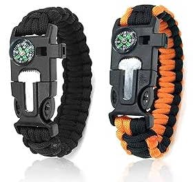 Lote de 2 pulseras de supervivencia de paracord con brújula silbato Encendedor de pedernal y acero, longitud de pulsera ajustable de nailon para hombre, camping supervivencia en plena naturaleza,