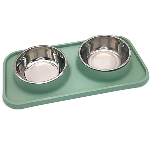 BNOSDM Double Dog Food Bowls Stainless Steel Dog Food and Water Bowls with Non-Spill Plastic Mat Pet Cat Feeder Bowl Set for Puppy Cats Kitten Small Medium Dogs Green
