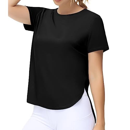 THE GYM PEOPLE Women's Workout T-Shirts Loose Fit Short Sleeve Cotton Running Basic Tee Tops with Split Hem XX-Large Black