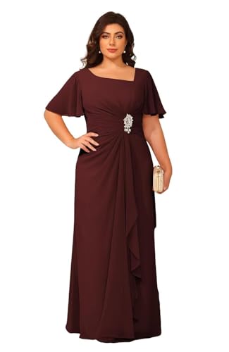 Women's Chiffon Mother of The Bride Dresses for Wedding with Sleeves Ruffle Aline Formal Evening Gowns