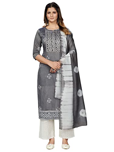 Image of Vbuyz Women's Printed & Embroidered Straight Cotton Stitched Kurta With Dupatta