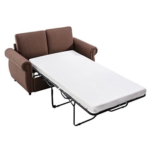 Merax Sleeper Couch Small Sofa For Living Room Or Bedroom Including Pull Out Bed Sofabed, Compact, Brown W/Mattress #TOP3