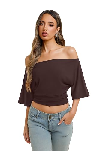 REORIA Womens Off The Shoulder Tops Y2k 2026 Summer Cinched Waist T-Shirts — view 4