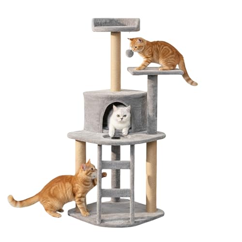 Image of Multi-Level Cat Tree Tower, 47 Inch Tall Green Plush Condo with Natural Jute Posts, Platforms, Perches, 19 Inch Base (FURR-49) (Grey)