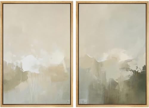 MUDECOR Framed Canvas Print Wall Art Set Neutral Misty Abstract Landscape Beige and Oliv Illustrations Modern Art Decorative Bohemian Calm/Zen for Living Room, Bedroom, Office - 24"x36"x2 Natural