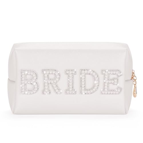 Etercycle Bride Letter Makeup Bag Bride To Be Gifts Bling Pearl Rhinestone Patch Cosmetic Bag Waterproof PU Travel Toiletry Bag for Bachelorette Party Women Wedding Bridal (Silver)