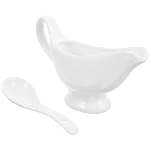 Gatuida Cubo de Jugo de Bistec Jarra de Cerámica para Salsa Blanca Salsera Pequeña con Cuchara para Servir Salsas Comidas Familiares