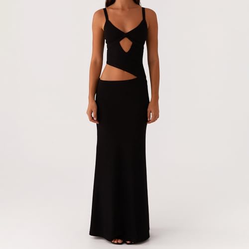Image of Women's Slip Maxi Dress Knit Sexy Lounge Low Cut Sleeveless Backless Hollow Ribbed Bodycon Dresses Long Dress (Black 2, S)