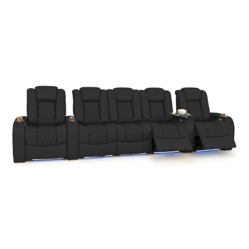 Image of Seatcraft Virtuoso LT Black Italian Leather Home Theater Seating, Zero Gravity Power Recliner, Heat and Massage, Powered Headrest and Lumbar Gaming and Home Office Chair, Row of 5 Middle Sofa