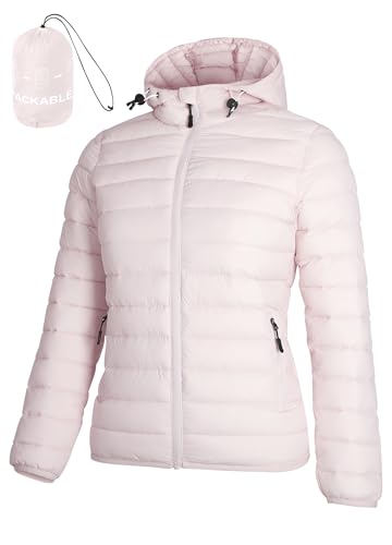 ATLASLAVA Women's Packable Puffer Jacket Hooded LightWeight Down Coat Winter Windproof Warm Quilted Short Light Pink XL