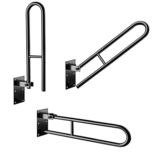 Black Folding Hinged Bathroom Safety Steel Grab Bar/Rail, Drop Down Mobility Aid Support, 60cm Long