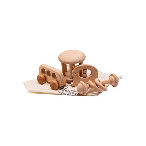 Image of Wooden Baby Toys Montessori Toys Set Wooden Rattles Grasping Toys Wood Ring 4pcs, Bus Toy Set