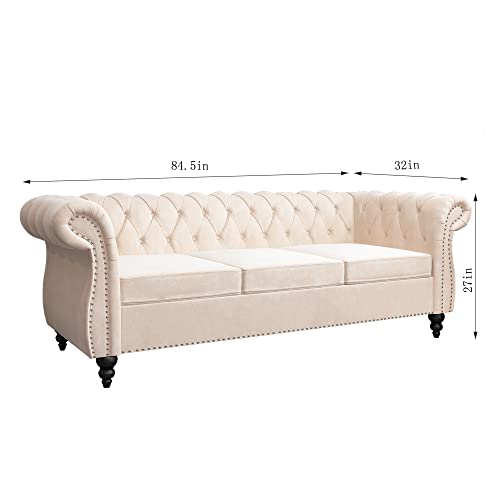 ORRD Chesterfield Sofa Velvet, Modern Tufted Couch 3 Seater with Rolled Arms and Nailhead for Living Room, Bedroom, Office, Apartment (Beige)