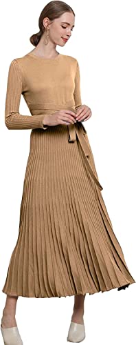 Image of Women's Long Sleeve Sweater Dress Ankle Length Fall Dress Vneck Knit Winter Dress