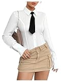 SweatyRocks Women's Button Down Long Sleeve Blouse Collared Slim Fit Dress Shirts with Tie White Medium